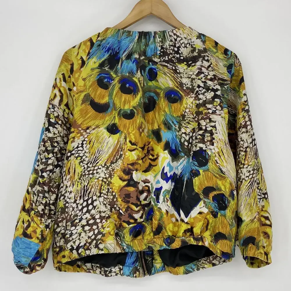 INDIKKA 100% Silk Vibrant Peacock Print Bomber Jacket Wms sz XL